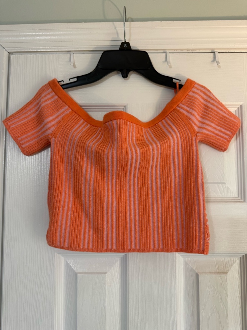 aerie Orange and White Striped Off-Shoulder Ribbed Crop Top